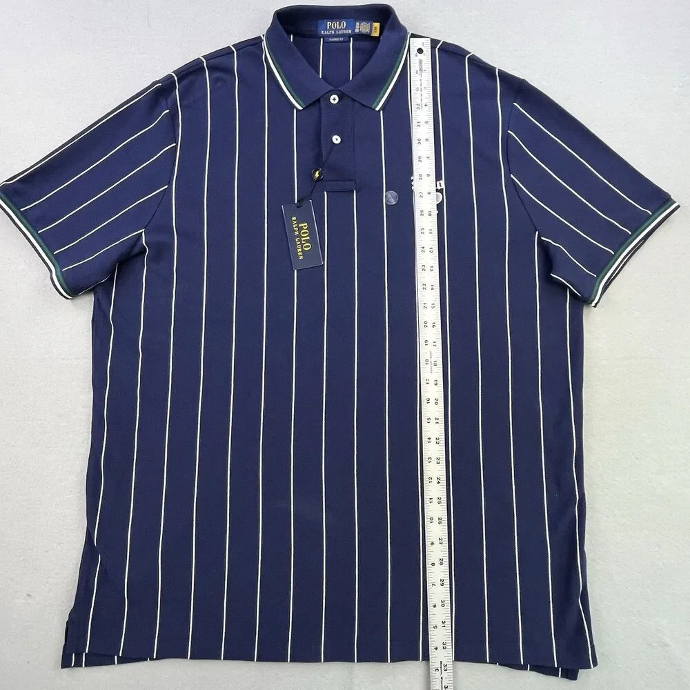Polo Ralph Lauren Polo Shirt XL Tennis Racquet Navy Blue Stripe Classic Fit NEW